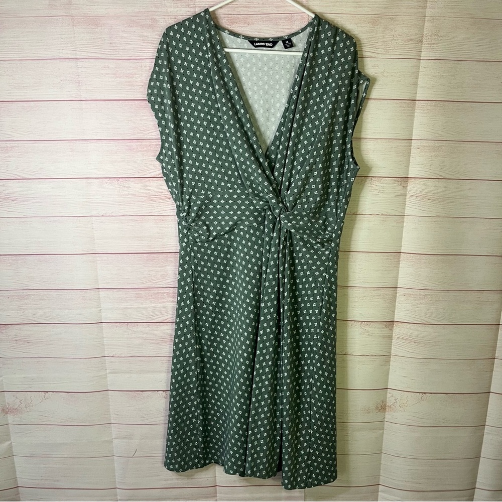 Lands'‎ End Green White Pattern  Cotton Blend Faux Wrap Dress Size 1X (16W-18W)